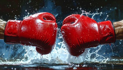 Two red boxing gloves clashing, creating splash