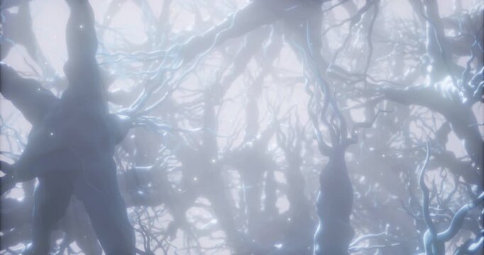 A mesmerizing network of neurons weaves through a hazy landscape, illuminated gently. The delicate branches intertwine, creating a surreal atmosphere, inviting deeper exploration of the mind.