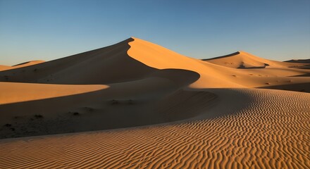 Golden desert dunes capturing warm sunlight with rippling sand textures under a clear blue sky