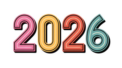 Colorful 2026 numbers isolated on transparent background for celebration