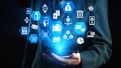 Digital wallet icons show mobile payment, digital wallet transfer, and online banking. Digital wallet supports secure payment, cashless transactions, and financial integration. Gist