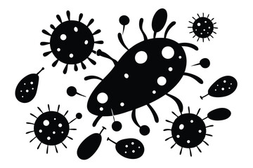 A multitude of cartoonish bacterium and viruses float on a stark white background in black