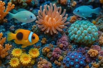 Obraz premium A vibrant underwater tableau unfolds with a trio of fish and corals, each contributing to the rich tapestry of life beneath the waves