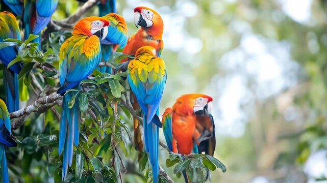 Colorful macaws perched in lush greenery, showcasing their vibrant plumage.