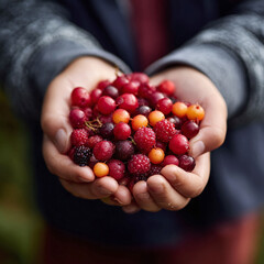 Closeup of hands holding fresh, colorful berries. Represents nature, harvest, abundance, and healthy eating. Great for food, nutrition, and lifestyle concepts.