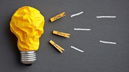 Yellow light bulb with a bunch of clothespins on it. Concept of creativity and resourcefulness