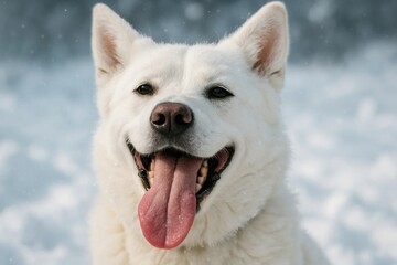 Obraz premium A joyful white husky with its tongue out against a winter backdrop
