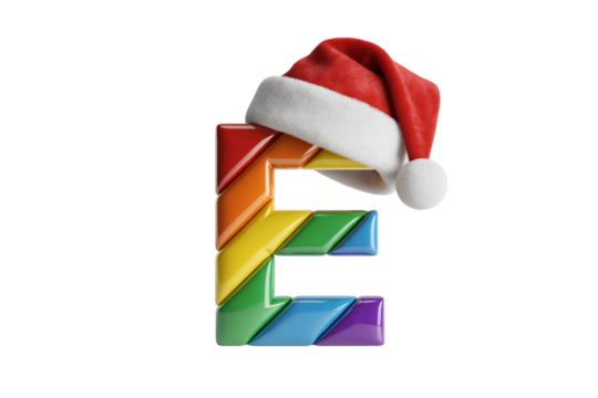 Colorful letter E with Santa hat isolated on black background for holiday concept