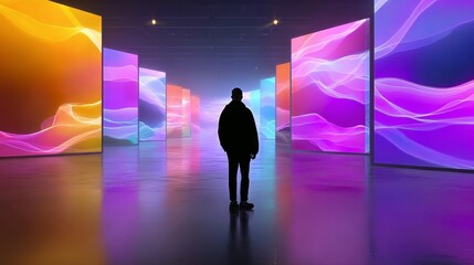 Man stands in front of a wall of colorful lights. The lights are arranged in a way that creates a sense of depth and movement. The man is looking at the lights