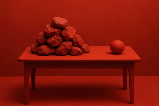 An abstract composition of red objects on a table against a red background