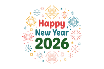 Happy New Year 2026 typography with colorful fireworks and festive celebration design