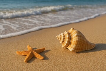 A tranquil beach scene featuring a vibrant orange starfish and a yellow sea shell, with gentle waves lapping at the shore