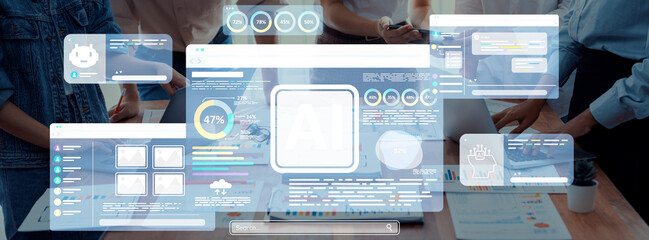 A modern office setting showcasing a futuristic digital interface with data analysis and collaborative teamwork, highlighting innovative technology concepts and productivity tools. Trope