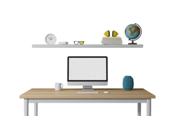 Minimal home office workspace with desktop computer and decor isolated on white