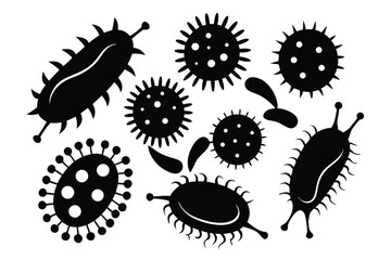 Black microscopic silhouettes display multiple germs, viruses, and pathogens causing infection with transparent background
