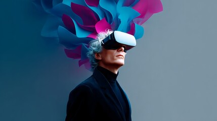 Man wearing a black suit and a blue and pink flowery hat is looking at a virtual reality headset