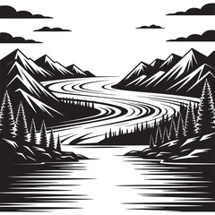 Fototapeta premium Vector art of stylized mountain river landscape with sun