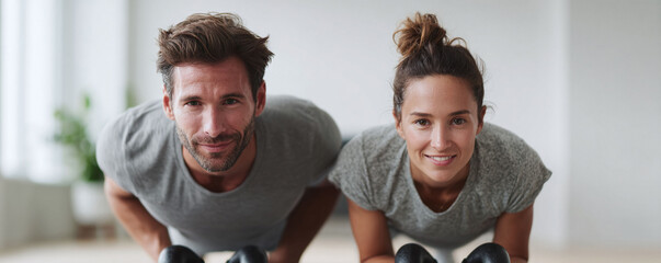 A fit couple does a dumbbell workout at home, smiling optimistically at the camera. Represents wellness, partnership, healthy living and fitness goals. Use for gym or health ads.
