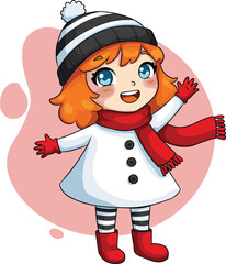 Cute cartoon girl in winter outfit wearing red scarf and boots, happy child illustration for Christmas, holiday, and festive design
