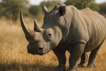 Obraz premium A lone rhinoceros stands majestically in a golden savanna, its horns reaching towards the sky