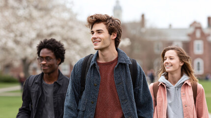 Fototapeta premium Smiling students walk on campus, conveying success, learning, and diversity. Ideal for education, youth, friendship, and futureoriented themes. Authentic and positive.