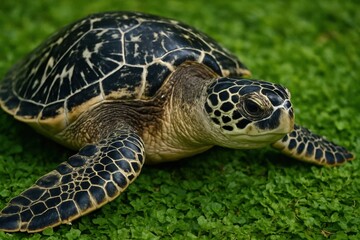 Obraz premium A turtle is resting on a green surface with its head turned slightly towards us