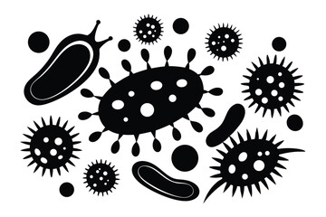 Diverse collection of black bacteria and viruses are illustrated on a white background
