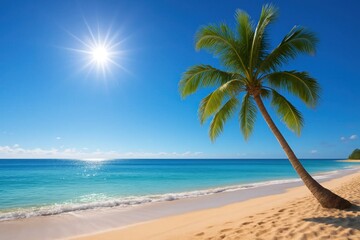 Obraz premium A Lone Palm Tree Stands Guard Over a Tranquil Beach Under the Radiant Sun