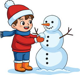 Happy cartoon boy building snowman in winter, cute child in red jacket and hat enjoying snow play, Christmas holiday illustration