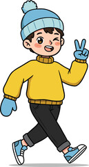 Happy cartoon boy in yellow sweater and blue hat smiling and showing peace sign, cute winter illustration for children design