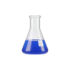 3d icon of a laboratory flask containing blue liquid, isolated on transparent background, representing science and chemistry experiments