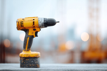 Wellworn, yellow power drill on a blurred construction backdrop. Symbol of craftsmanship, DIY projects, or home repair. Authentic tool for diverse creative projects.