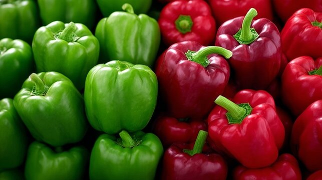 Large pile of green and red peppers are stacked on top of each other. The green peppers are on the left side of the pile and the red peppers are on the right side. The peppers are of different sizes