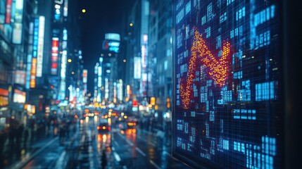 Night city street with digital data board