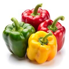 yellow, Green, Red, Brown, Pink, organic bell pepper fresh healthy vegetable in blue plate and decorate mini tree in pot isolated studio shot vibrant color isolated on white background