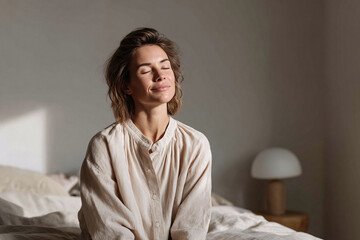 Serene woman sitting on a bed in sunlight, eyes closed, radiating peace and contentment. Ideal for themes like wellness, mindfulness, relaxation, and healthy lifestyle.