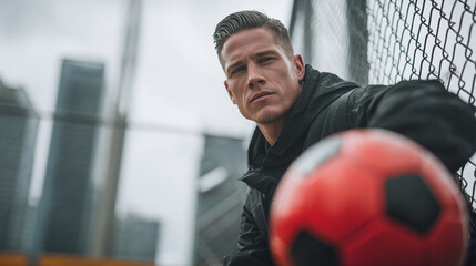 Portrait of a Handsome Young Football Player Looking at Camera, Spinning a Red Soccer Ball on His Finger. Stylish Footballer Standing Behind a Fence in an Urban Environment with Skyscrapers Around Him