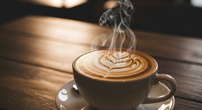 Steaming hot cappuccino coffee with artful latte foam design on rustic wooden table in cozy cafe ambiance - Powered by Adobe