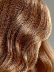 Fototapeta premium Vertical close-up showing the texture, volume, natural shine of beautifully styled light brown or strawberry blonde hair with soft waves. Ideal for beauty, haircare, cosmetology, salon, fashion themes