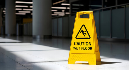 Yellow Warning Sign Indicating Wet Surface In Brightly Lit Public Area Is Visible