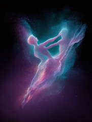 Fototapeta premium Ethereal image of two figures dancing in space, rendered in cosmic dust. Evokes connection, love, and dreams. Perfect for book covers or conceptual designs.