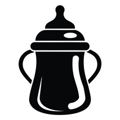 Simple baby bottle with handles is depicted in a minimalist black silhouette