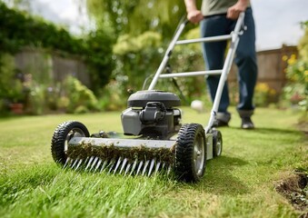 A man pushes an air-powered lawn mower across a green yard as spiked blades spin and cut the grass. In motion blur, he moves from left to right.