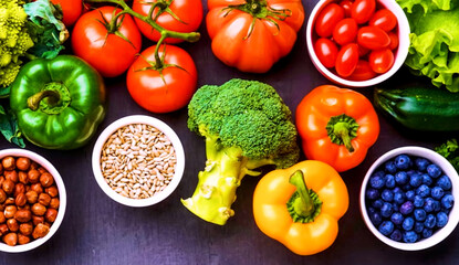 Colorful Array of Fresh Fruits and Vegetables Laid Out Beautifully on a Dark Surface