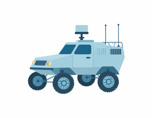 Fototapeta premium Light blue armored vehicle with large tires and surveillance equipment on top against a clean white background