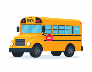 Yellow school bus with a red stop sign extended on a white background