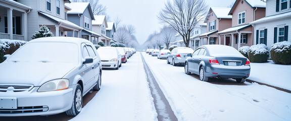 Snow-covered street with parked cars and houses in winter  