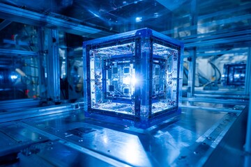 A sophisticated quantum computer is positioned at the center of a modern lab, illuminated by blue lights. Intricate circuit boards and components surround it, showcasing advanced technology