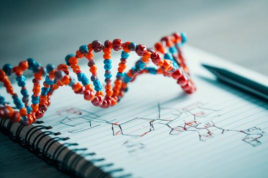 Colorful DNA model made of beads rests on a notebook filled with scientific drawings and notes. A pen lies nearby, suggesting ongoing research in a lab environment - Powered by Adobe