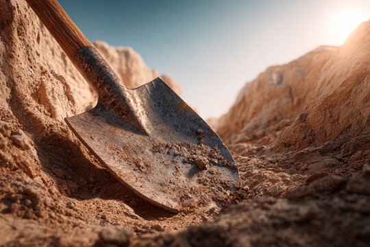 A shovel lies on a pile of dirt at a construction site under a bright sky. The sun shines, casting light on the rough texture of the soil, indicating ongoing work